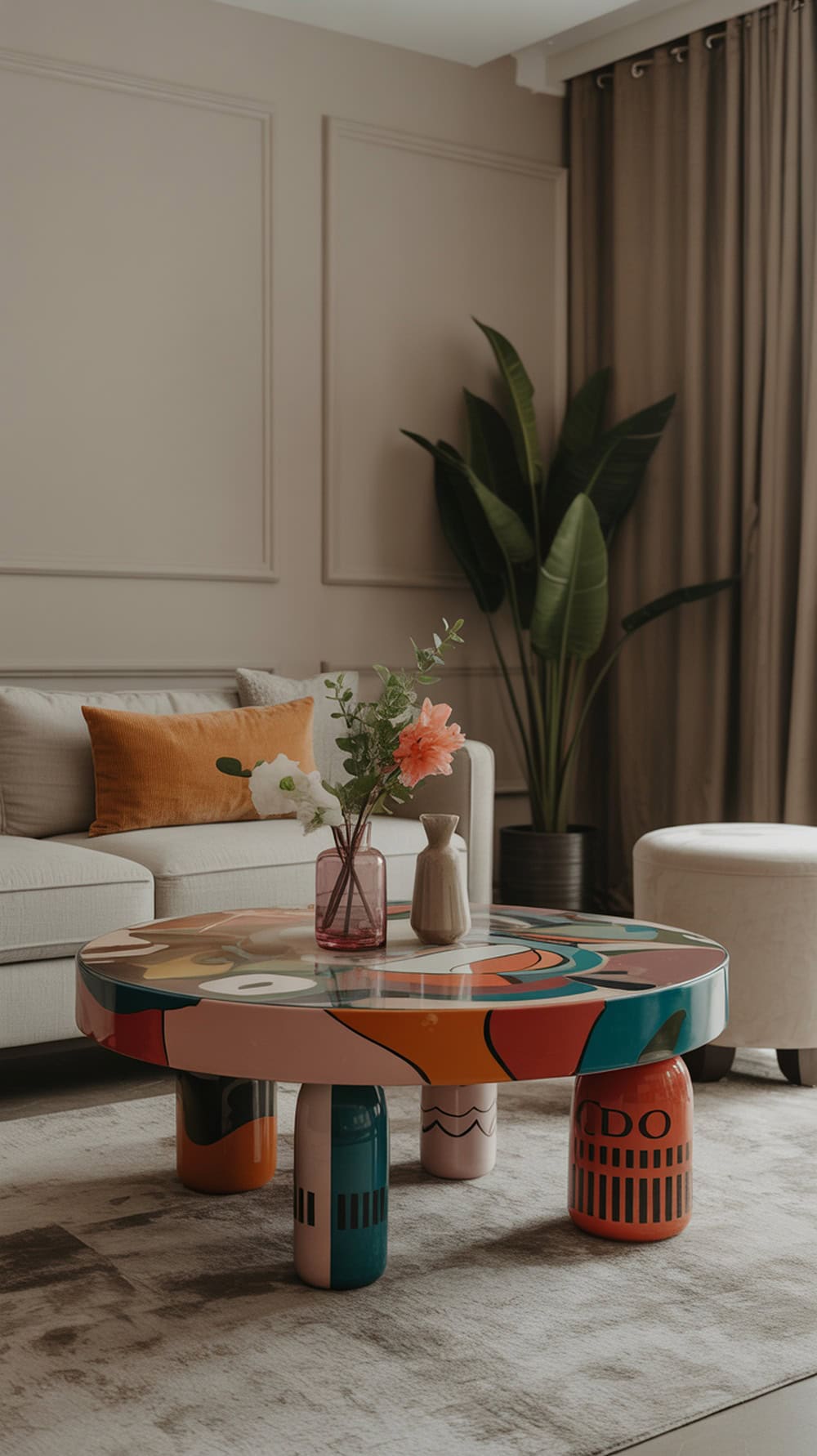A colorful artistic centre table in a living room with a neutral sofa and decorative plants.