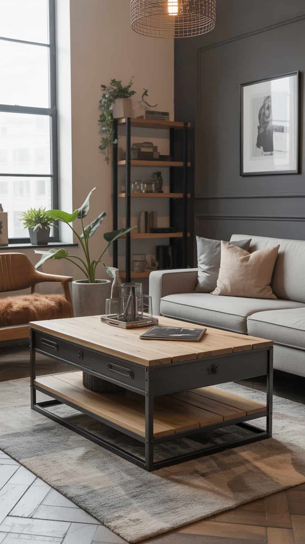 Industrial style living room with a wooden and metal centre table, cozy seating, and decorative elements.