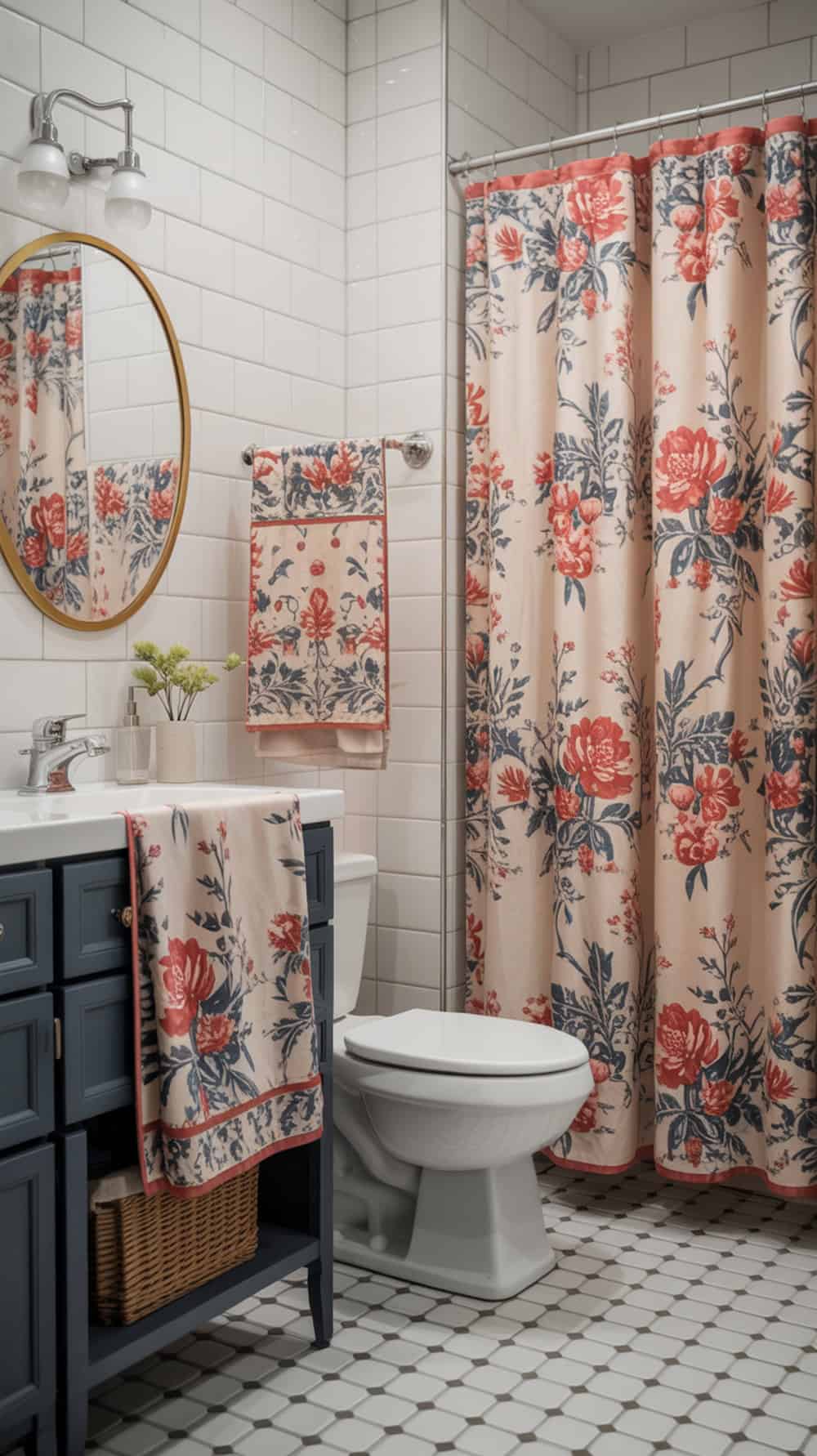 A bathroom featuring floral patterns on a shower curtain and towels, with a blue vanity and white tiled walls.