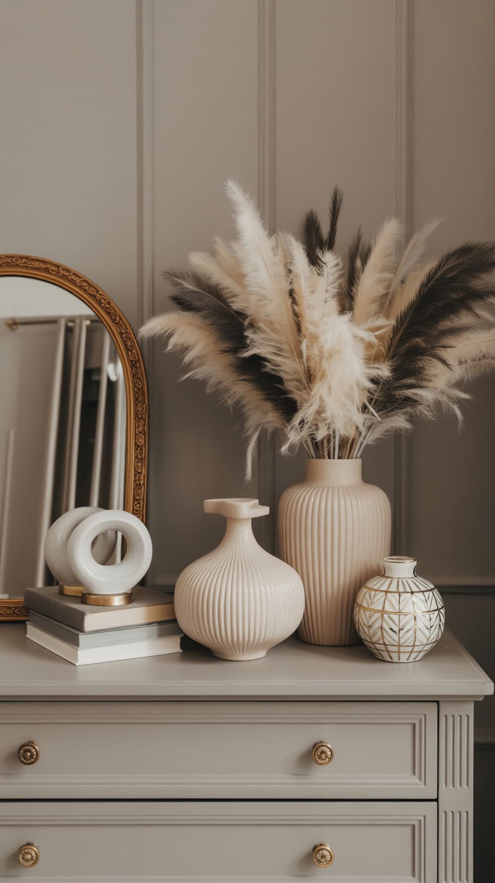 A stylish arrangement of vases and decorative items on a dresser, featuring soft colors and textures.
