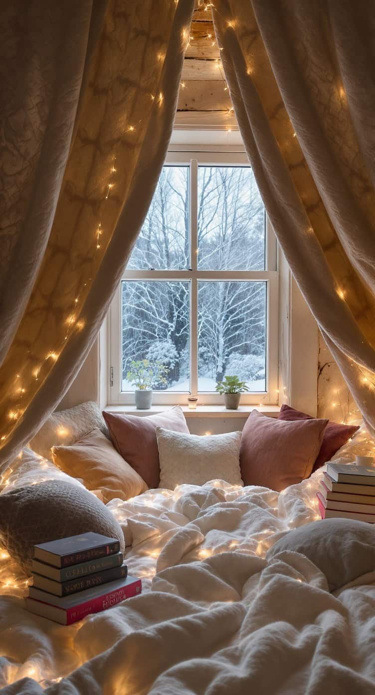 A cozy blanket fort by a window with snow outside, decorated with fairy lights and filled with pillows and books.