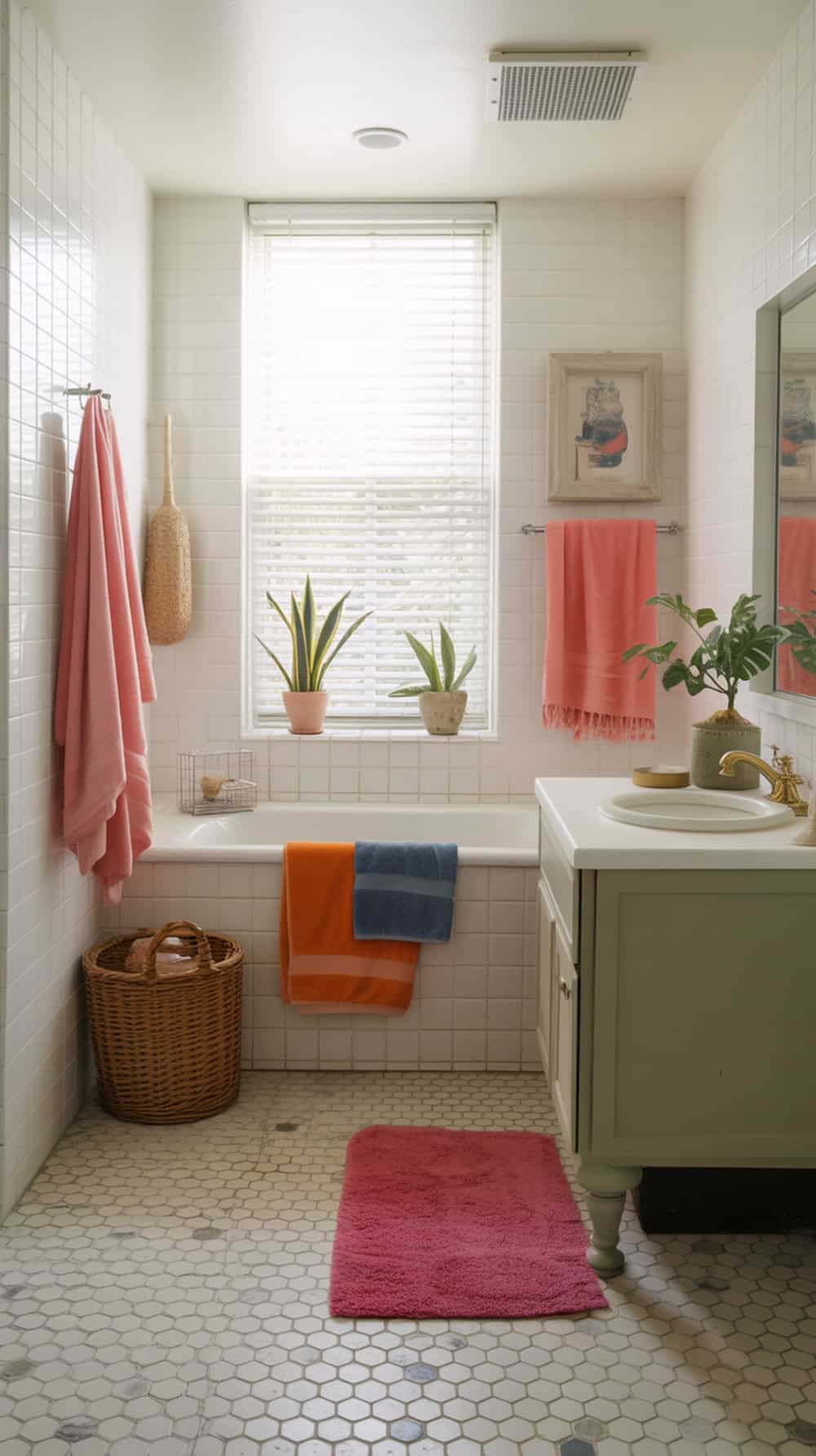 A colorful bathroom featuring pink, orange, and blue towels, with plants on the windowsill and a pink rug on the floor.
