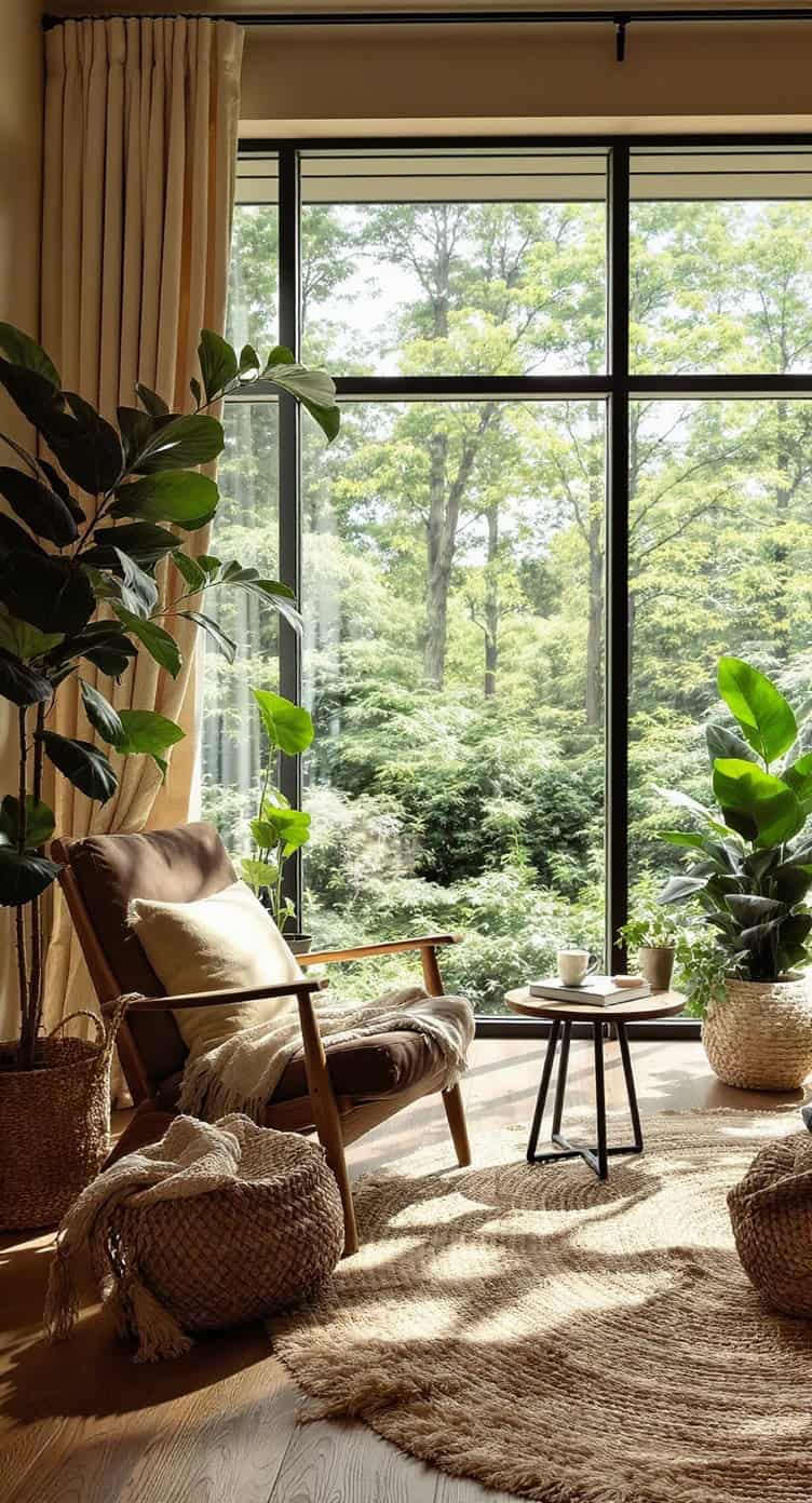 Cozy reading nook by a large window with plants and a comfortable chair