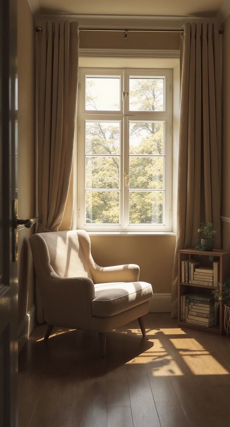 Cozy reading nook by the window with a comfortable chair and a small bookshelf