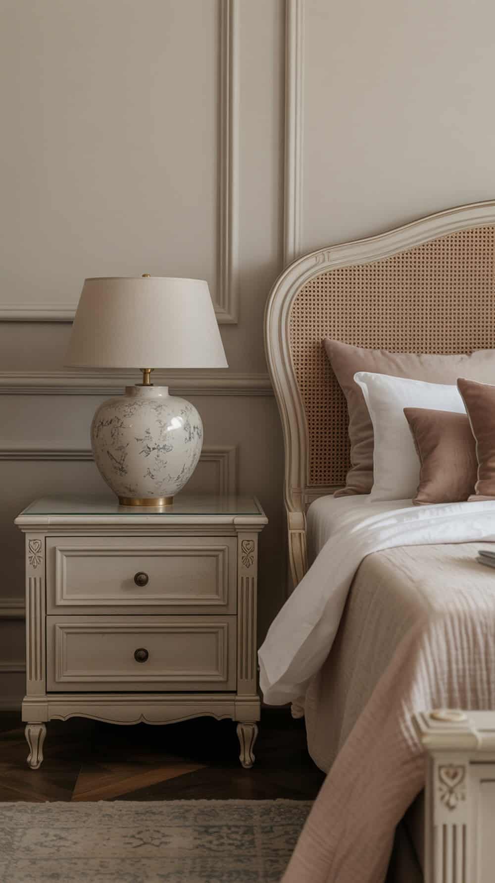 A beautifully designed bedroom featuring a nightstand with intricate details, a decorative lamp, and soft bedding.