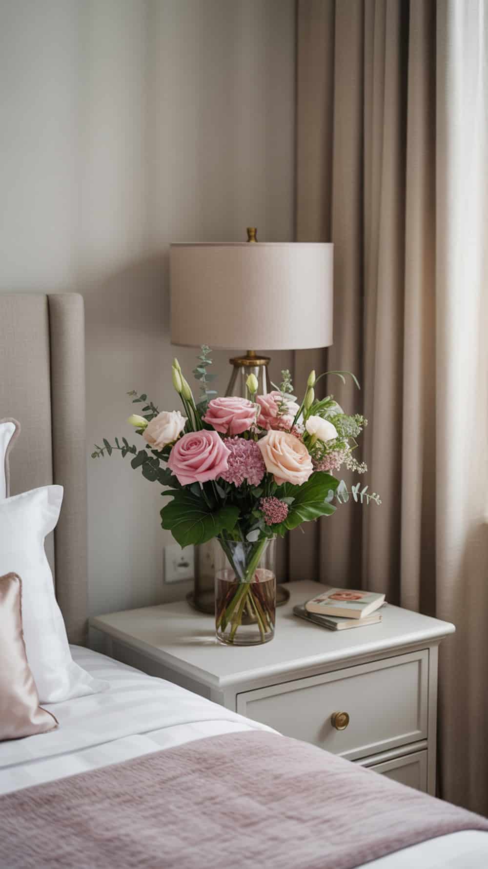 A beautifully arranged floral bouquet featuring pink roses and greenery on a bedside table next to a lamp.