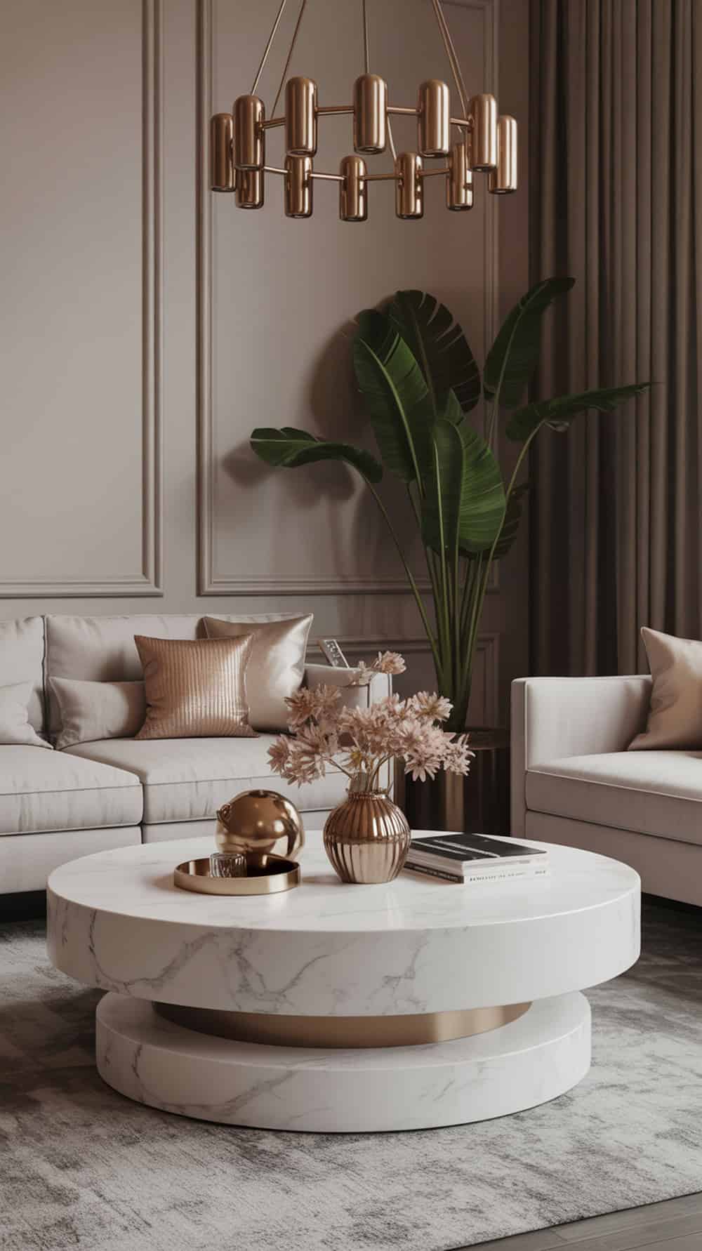 A stylish living room featuring a marble centre table with metallic accents, surrounded by neutral-toned sofas and decorative elements.