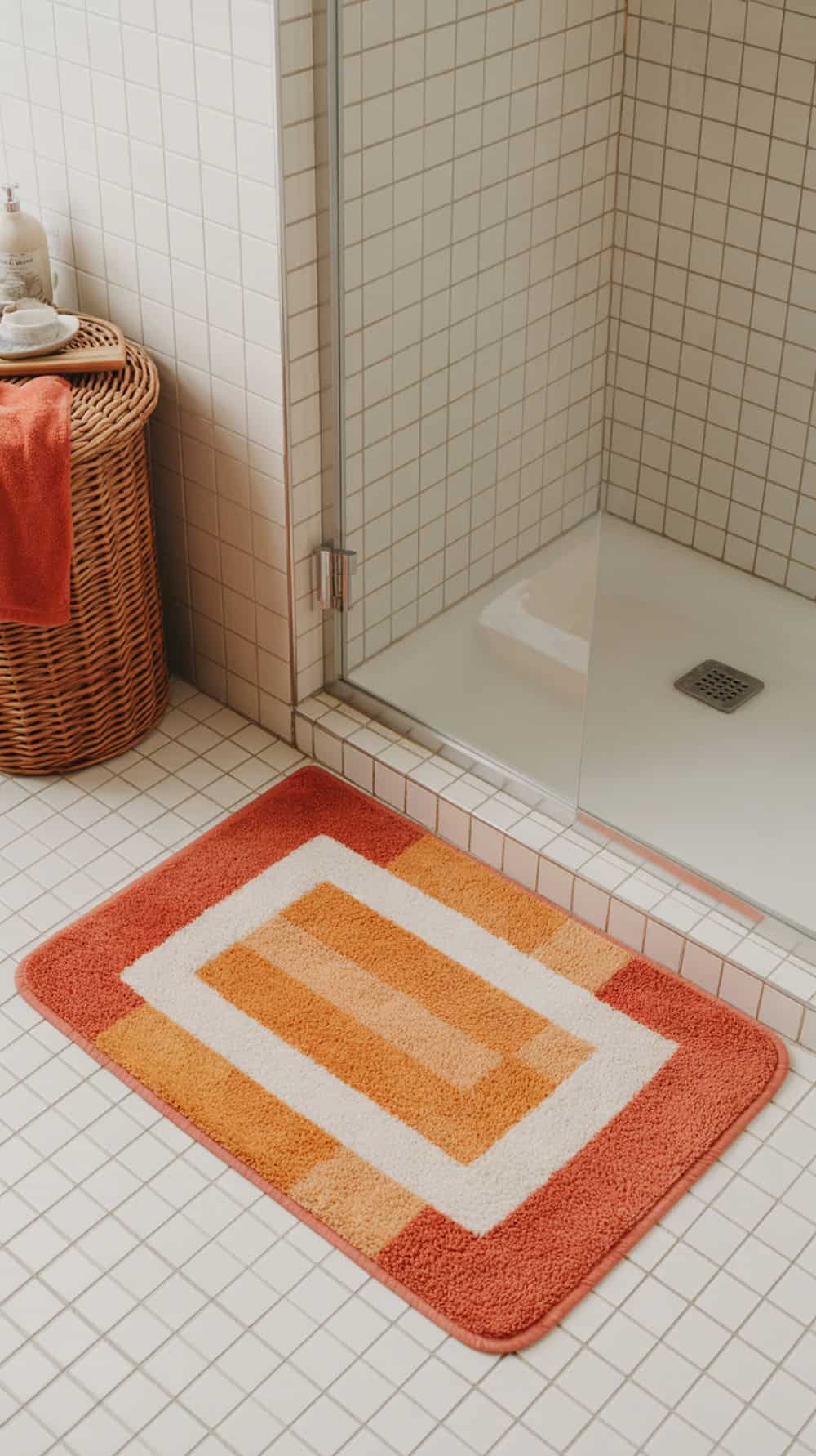 A colorful bath mat in shades of orange and cream placed in a bathroom.