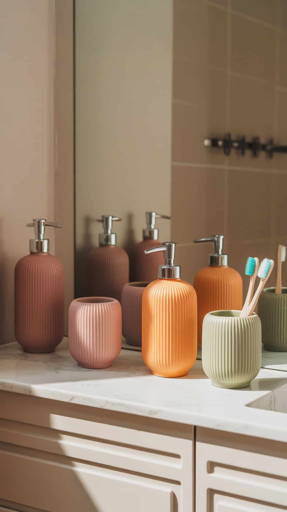 Colorful bathroom accessories including soap dispensers and toothbrush holders on a marble countertop.
