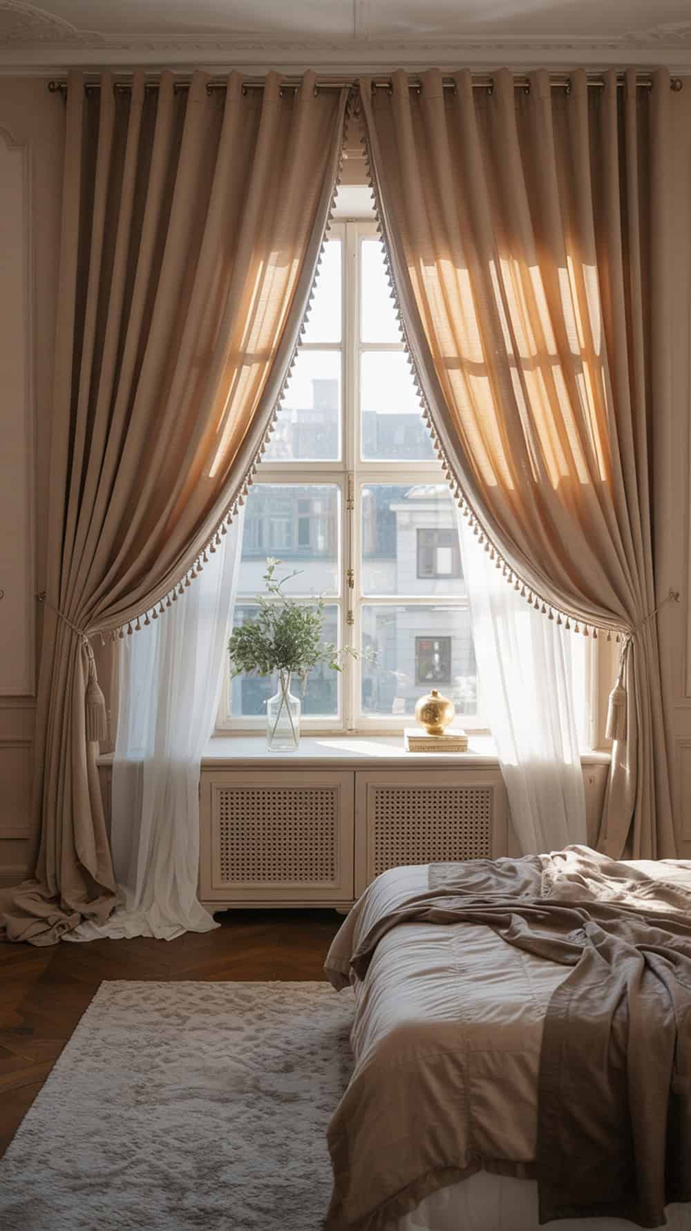 Elegant window treatments in a Ralph Lauren-inspired bedroom with soft drapes and a cozy atmosphere.