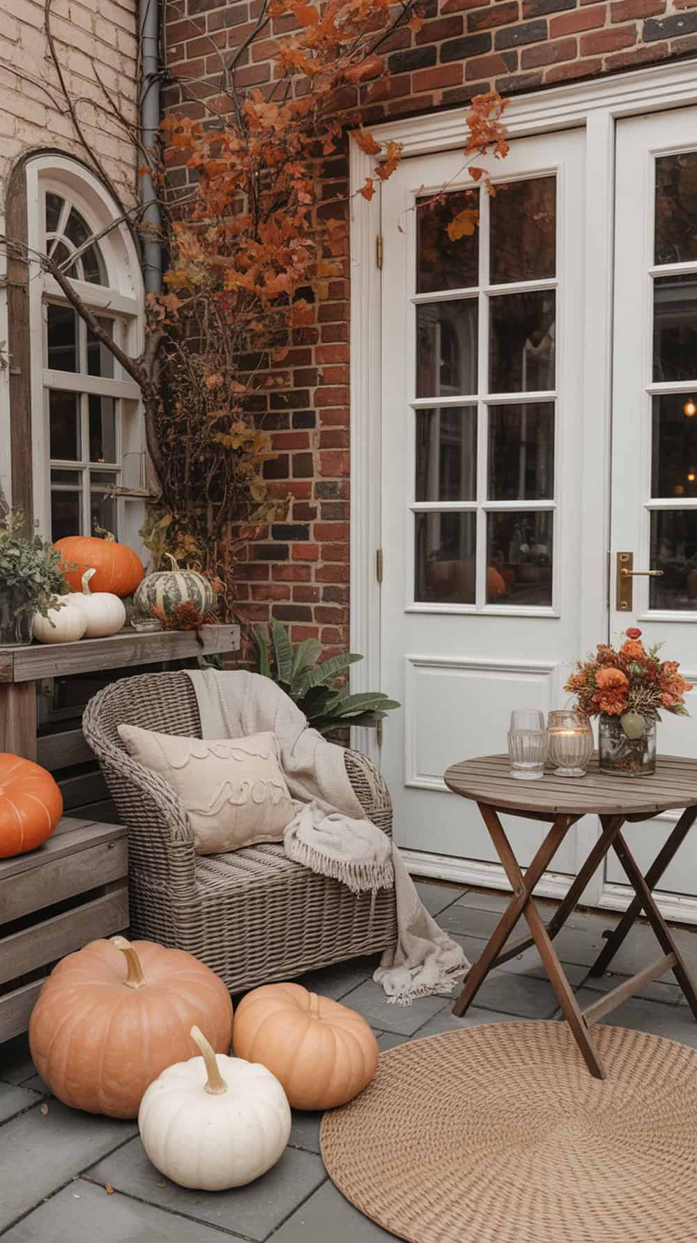 Cozy patio decorated with pumpkins, a comfy chair, and a wooden table.