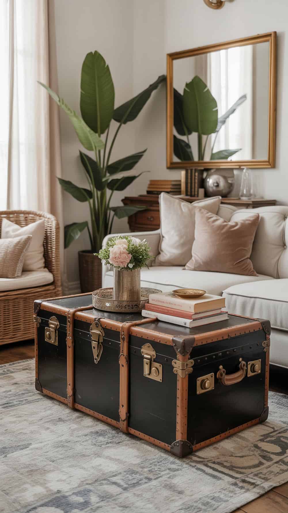 A vintage trunk used as a center table in a cozy living room setting.