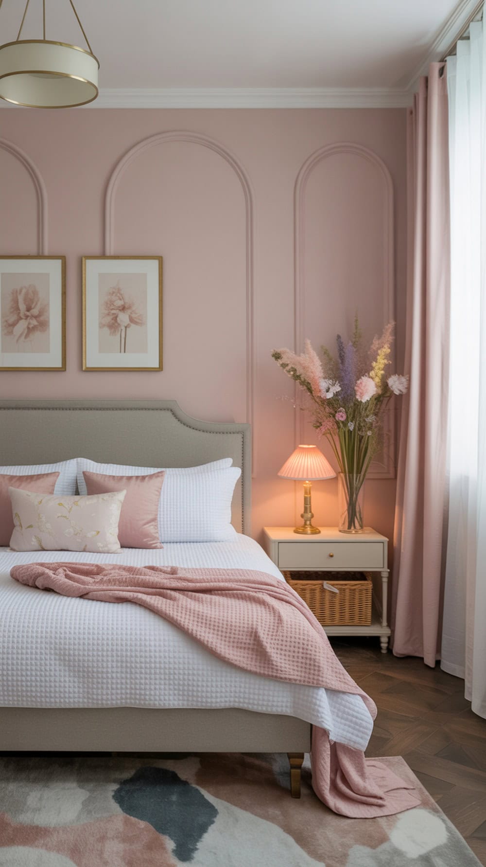 A beautifully styled bedroom featuring soft pink walls, elegant bedding, and floral accents.
