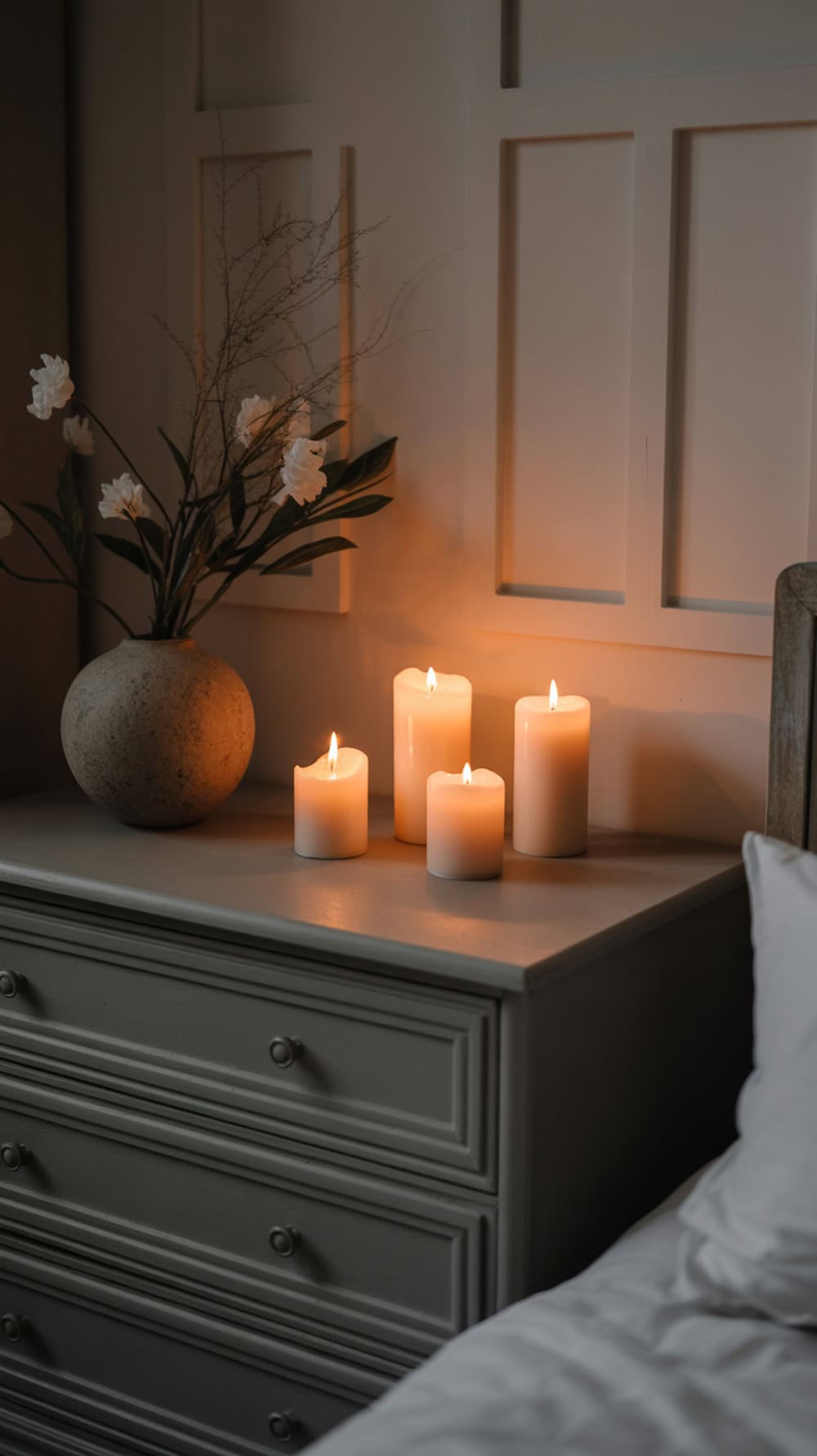 A cozy bedroom scene featuring several lit candles on a nightstand with a vase of flowers.