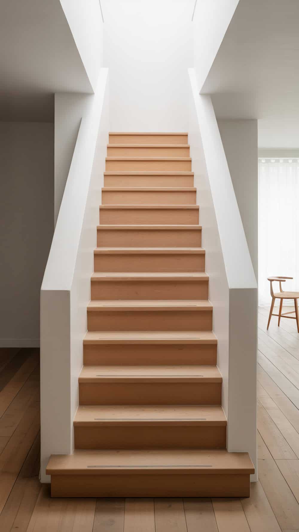 A staircase made of beech wood with a minimalist design, featuring light-colored steps and white walls.