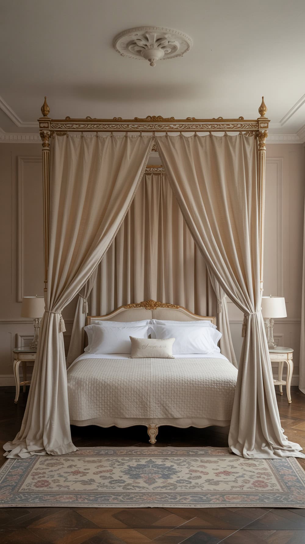 A charming canopy bed with neutral drapes and golden accents, set in an elegant bedroom.