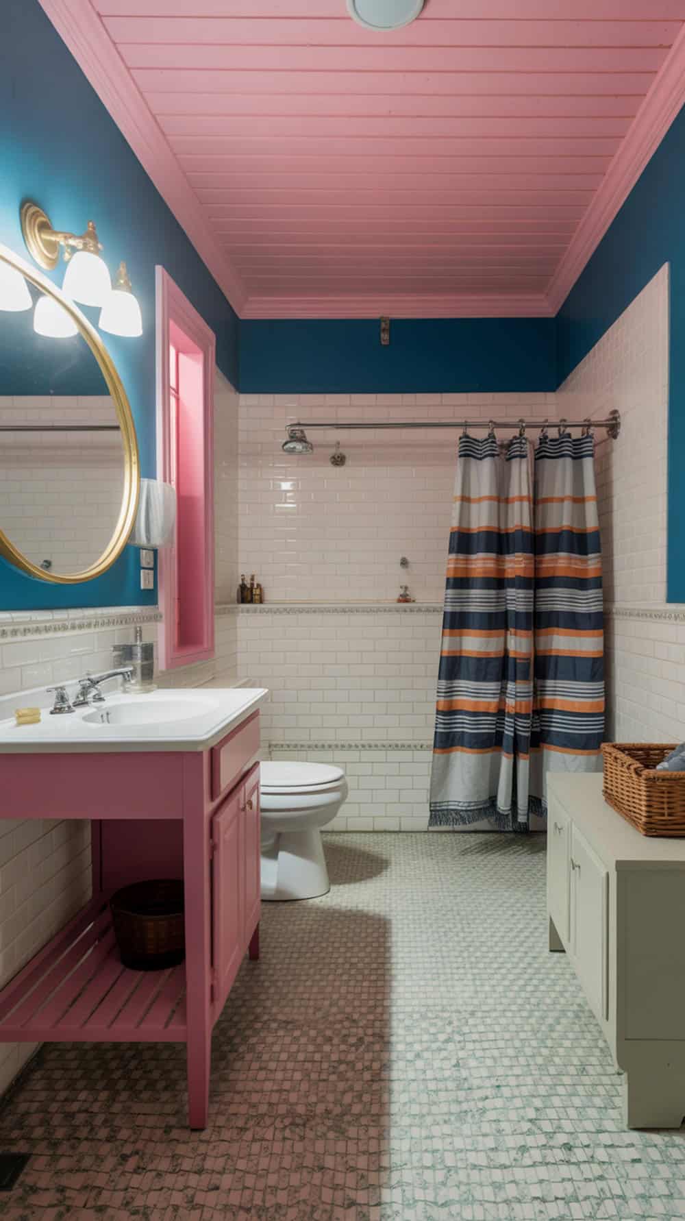A bathroom with a pink ceiling, blue walls, and colorful decor.