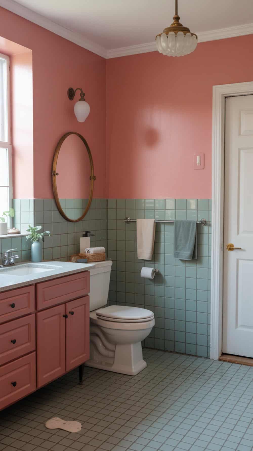 A colorful bathroom featuring pink walls and green tiles, with stylish fixtures and accessories.