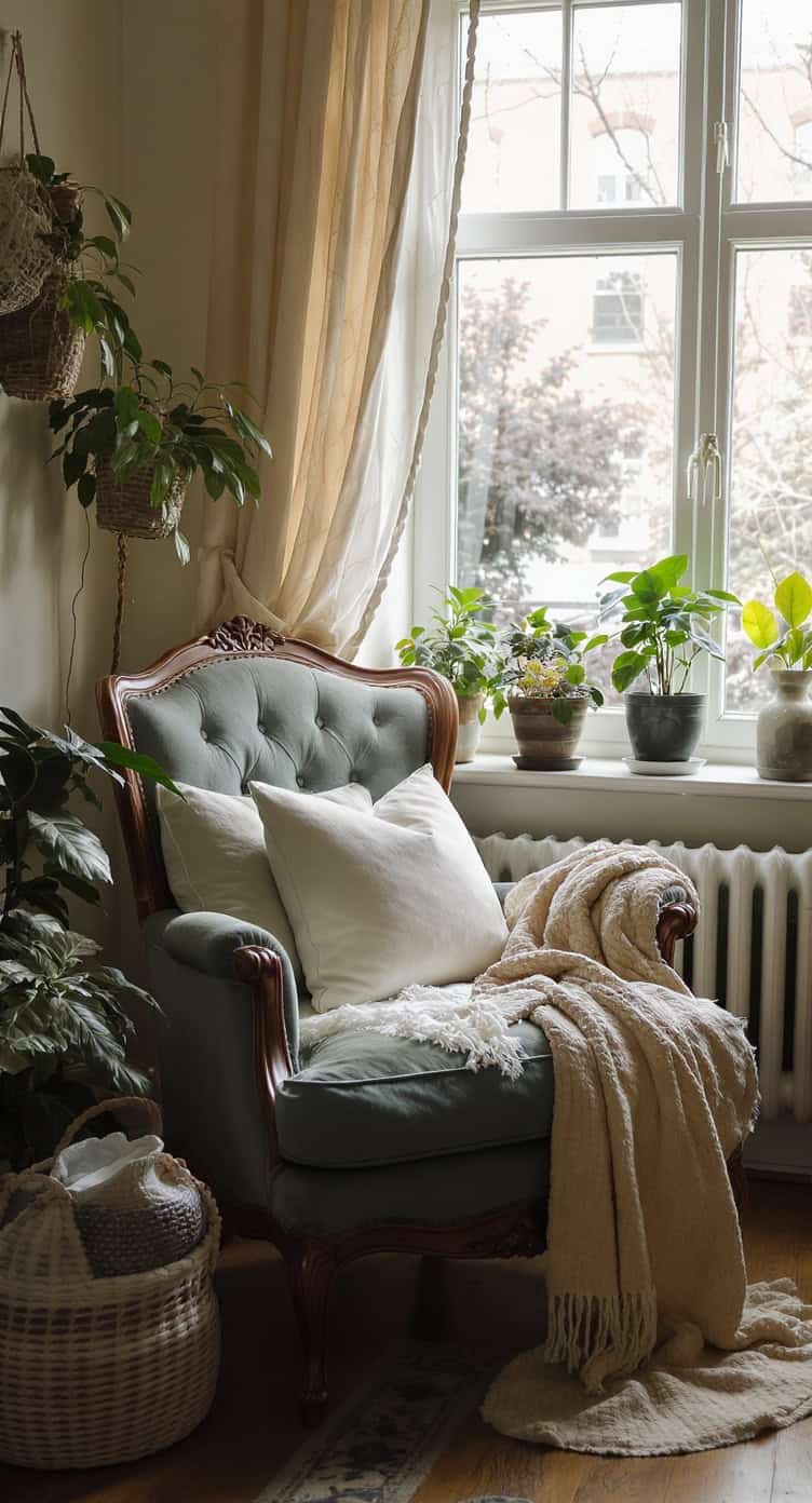 A vintage armchair by a window with plants, pillows, and a cozy throw.