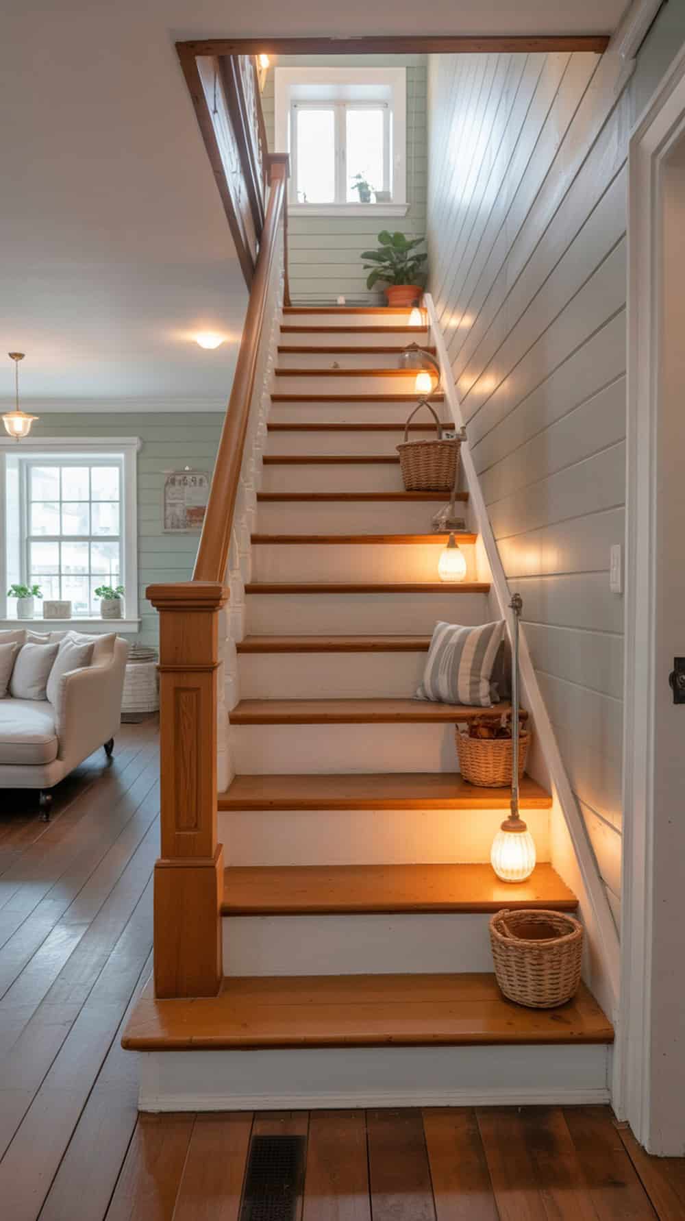 Cozy cottage-style pine staircase with soft lighting and decorative elements.