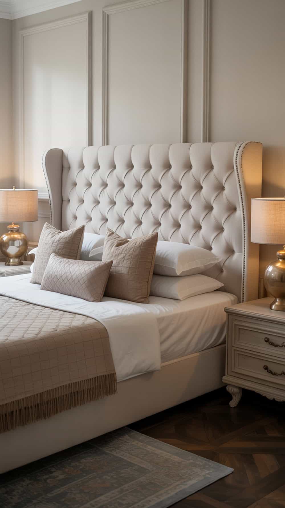 A stylish bedroom featuring a tufted headboard, soft pillows, and elegant lamps.