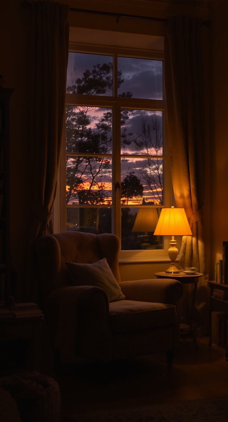 A cozy reading nook by the window with a warm lamp, an armchair, and a beautiful sunset view.
