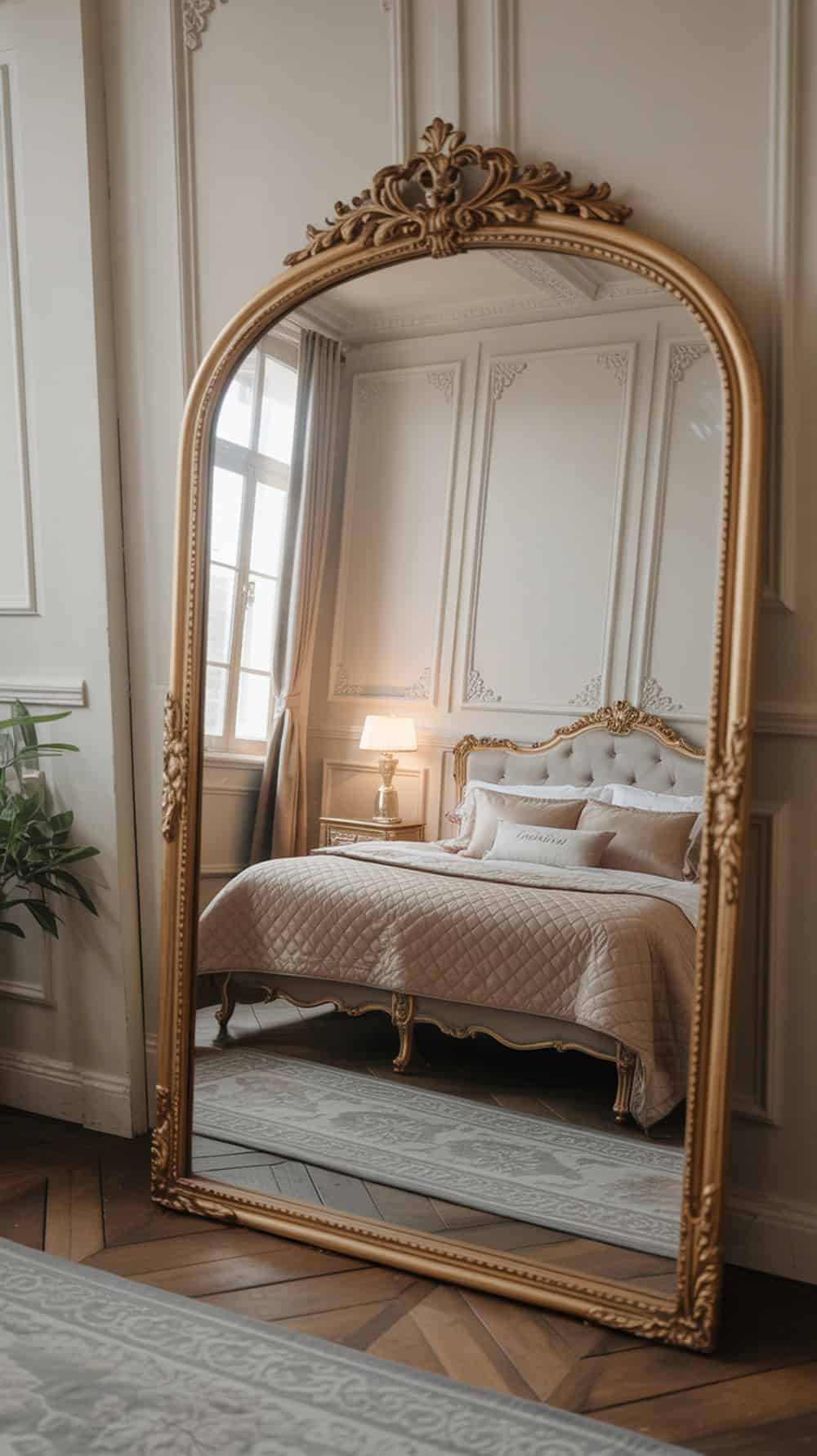 A large ornate mirror with a golden frame reflecting a stylish bedroom with a plush bed and elegant decor.