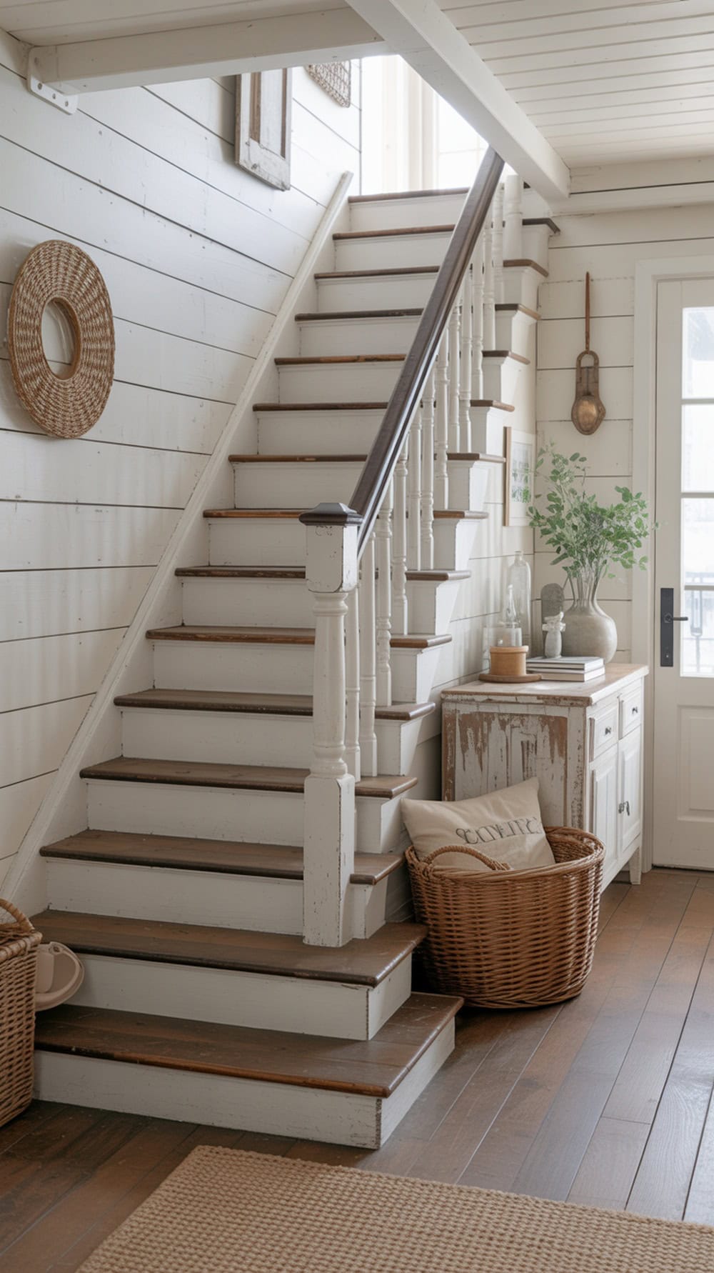 A cozy farmhouse style whitewashed staircase with wooden treads, a woven basket, and a rustic side table.