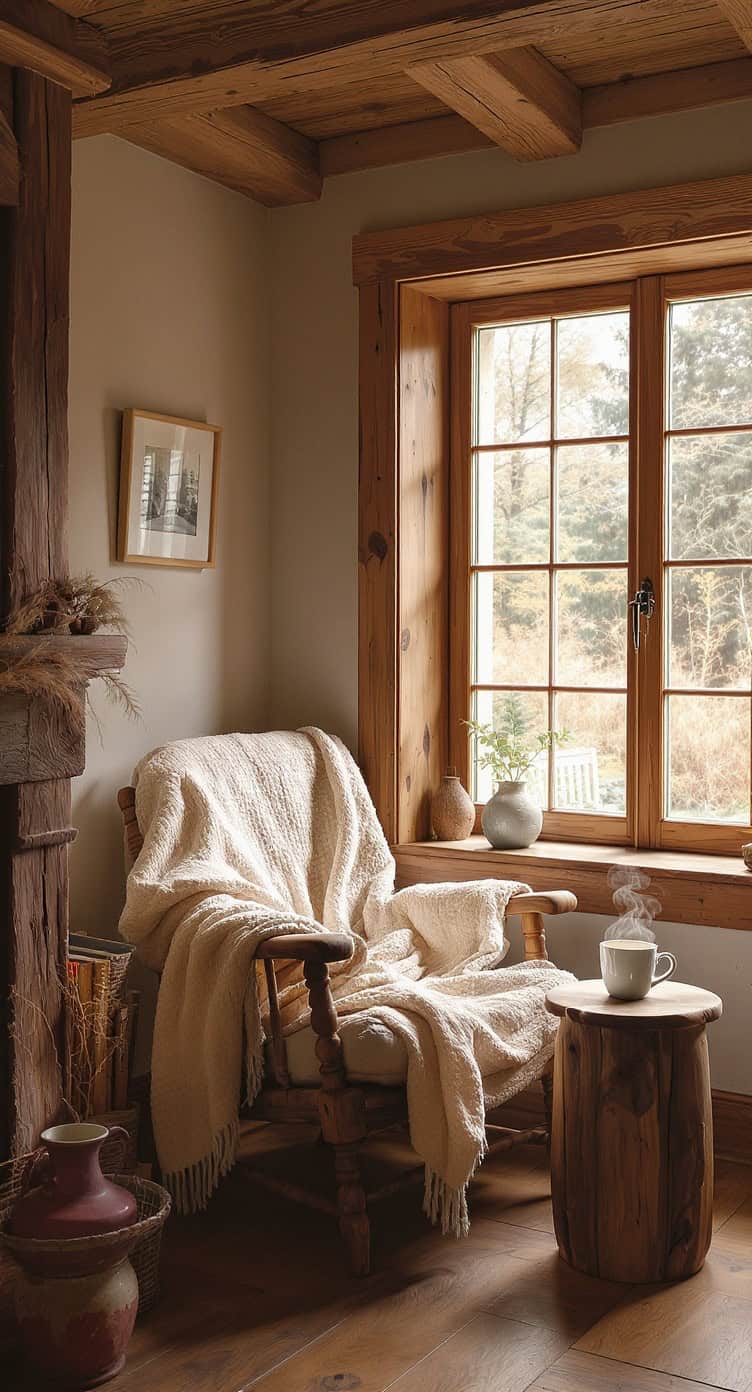 Cozy reading nook by the window with a rocking chair, blanket, and wooden table.