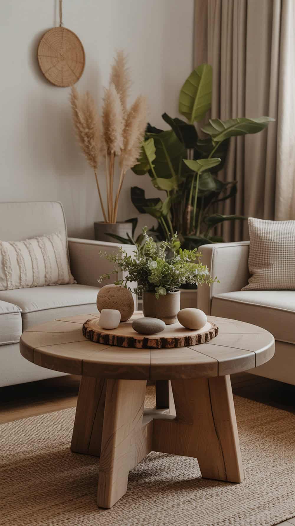 A rustic wooden table with natural elements, featuring greenery and smooth stones, surrounded by a cozy living room setting.