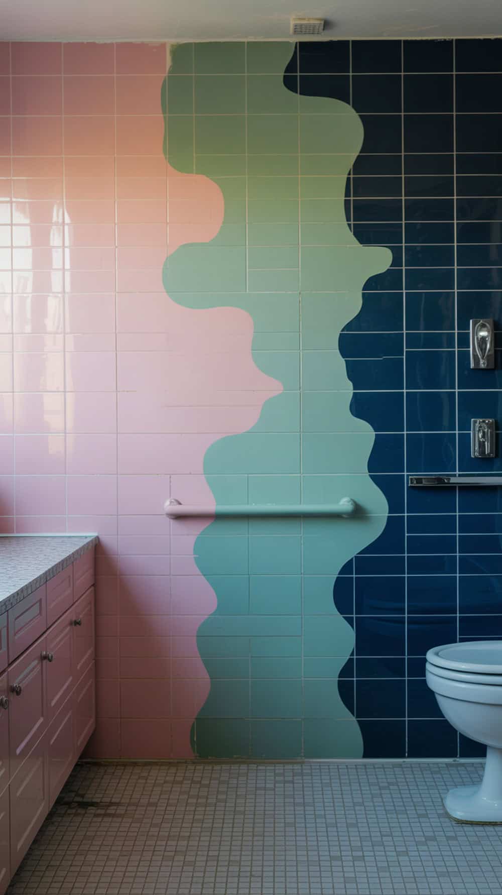 A bathroom wall featuring playful color gradients in pink, green, and blue.