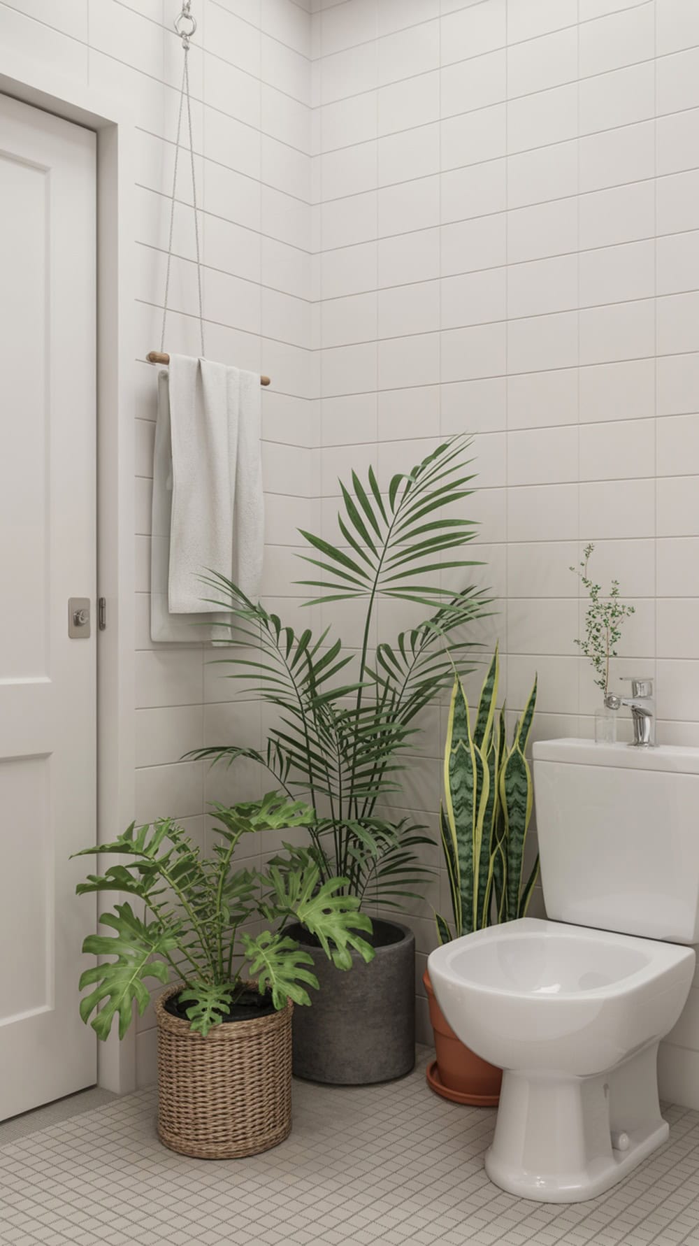 A colorful bathroom featuring various plants in decorative pots, with white tiled walls and a clean, modern aesthetic.
