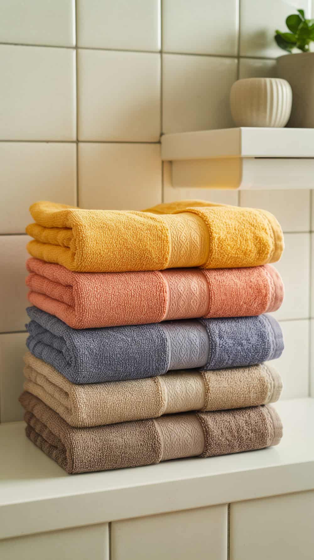 A stack of bright colored towels in a bathroom setting, showcasing yellow, peach, blue, and brown hues.