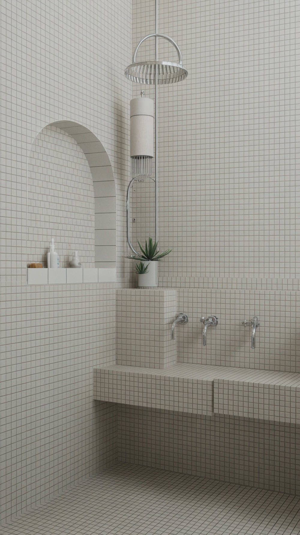 A minimalist bathroom featuring light-colored mosaic tiles, a modern shower fixture, and a small plant.