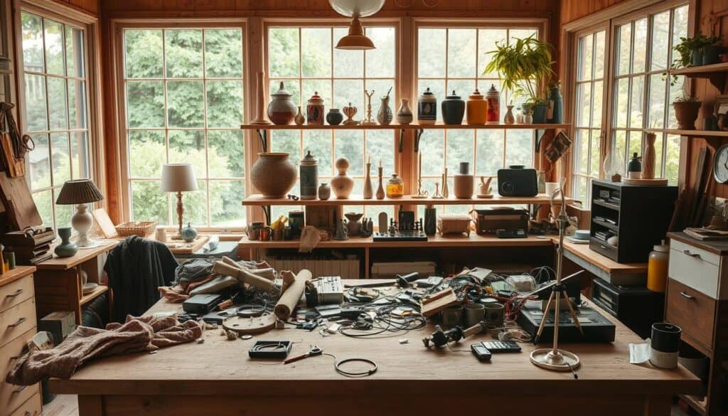 A cozy home workshop with a large wooden work table in the foreground, covered in an array of repurposed materials - vintage fabrics, discarded electronics, and leftover craft supplies. In the middle ground, shelves display an assortment of unique handmade upcycled items, from a lamp made from an old jar to a vase fashioned from a tin can. The background features large windows overlooking a lush, verdant garden, bathed in warm, natural light that fills the space with a sense of tranquility and inspiration. The overall atmosphere conveys a serene, mindful creative process, where the act of upcycling becomes a meditative, therapeutic experience.