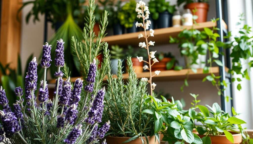A cozy indoor scene showcasing a variety of natural spider-repellent plants. In the foreground, a potted lavender plant with its vibrant purple blooms, its distinct scent known to deter spiders. Flanking it, a lush, bushy rosemary plant with its signature green leaves and woody stems. In the midground, a tall, graceful citronella plant with its delicate white flowers, radiating a fresh, lemony aroma that spiders find unpleasant. The background features a well-lit shelf with additional potted plants, such as peppermint and eucalyptus, their varied green hues and textures creating a calming, natural atmosphere. Soft, warm lighting bathes the scene, highlighting the plants' vibrant colors and healthy foliage, creating an inviting, spider-free indoor oasis. A cozy indoor scene showcasing a variety of natural spider-repellent plants. In the foreground, a potted lavender plant with its vibrant purple blooms, its distinct scent known to deter spiders. Flanking it, a lush, bushy rosemary plant with its signature green leaves and woody stems. In the midground, a tall, graceful citronella plant with its delicate white flowers, radiating a fresh, lemony aroma that spiders find unpleasant. The background features a well-lit shelf with additional potted plants, such as peppermint and eucalyptus, their varied green hues and textures creating a calming, natural atmosphere. Soft, warm lighting bathes the scene, highlighting the plants' vibrant colors and healthy foliage, creating an inviting, spider-free indoor oasis.