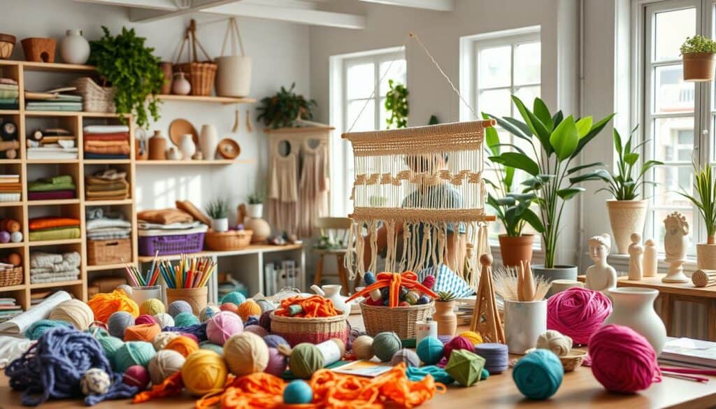 A cozy, well-lit craft studio with an array of DIY stress relief projects in progress. In the foreground, a table is covered with vibrant yarns, colorful paints, and various supplies for making handmade stress balls, woven wall hangings, and clay sculptures. In the middle ground, a person is intently focused on weaving a tapestry, their expression serene and relaxed. The background features shelves brimming with neatly organized craft materials, natural light filtering in through large windows, and potted plants adding a soothing, nature-inspired ambiance. The overall scene conveys a sense of tranquility, creativity, and the therapeutic benefits of engaging in DIY crafting.