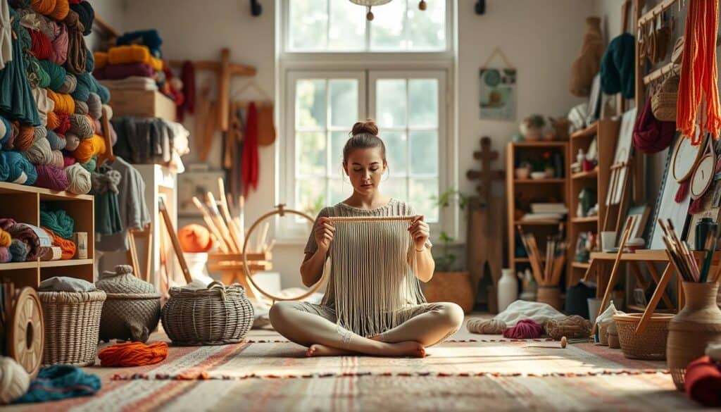 A cozy, well-lit studio filled with an array of crafting materials - vibrant skeins of yarn, delicate embroidery hoops, and an array of paints and brushes. In the center, a serene figure sits cross-legged, their hands expertly weaving a tapestry, their face reflecting a state of deep concentration and calm. Soft natural light filters in through large windows, casting a warm glow over the scene. The background is blurred, emphasizing the focus on the mindful act of crafting, a sanctuary of creativity and therapeutic respite from the stresses of everyday life.