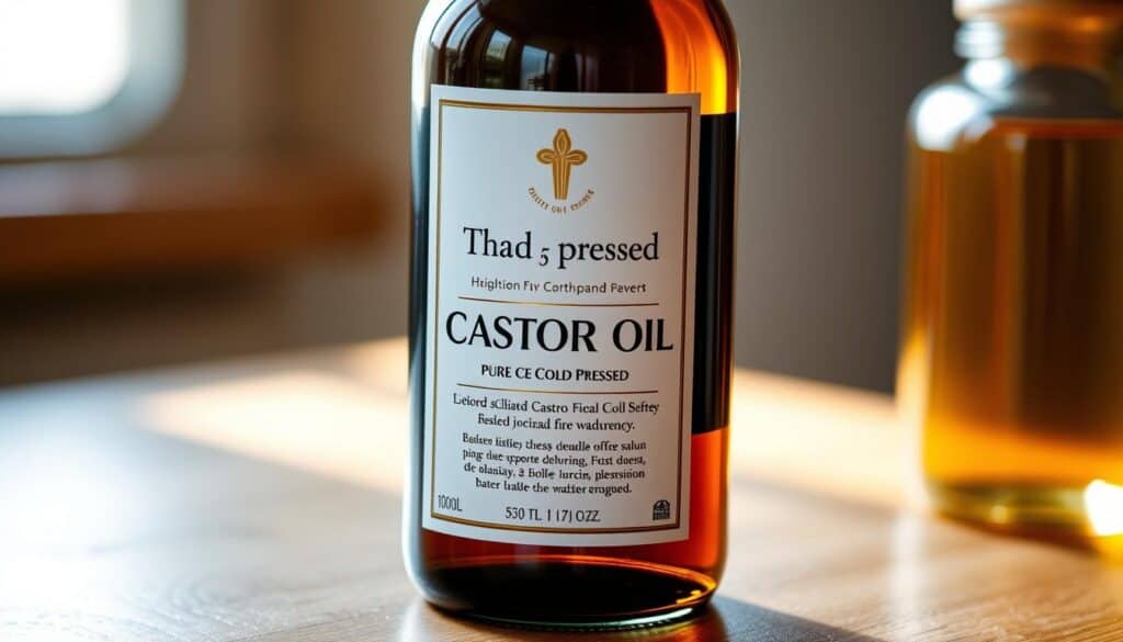 A high-quality, clear glass bottle filled with pure, cold-pressed castor oil, prominently displaying a crisp, uncluttered label with the brand name, product details, and a simple but elegant design. The lighting casts a warm, natural glow on the bottle, highlighting the rich, amber hue of the oil and the transparency of the glass. The bottle is captured from a slightly elevated, angled perspective, creating a sense of depth and emphasizing the details of the label. The background is softly blurred, allowing the bottle to take center stage and convey a sense of quality, purity, and attention to detail.