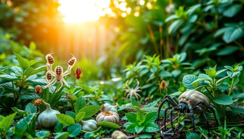 A lush, green garden setting with a variety of natural pest control methods prominently displayed. In the foreground, a collection of eco-friendly spider deterrents such as citronella plants, garlic, and peppermint, arranged in a visually appealing manner. The middle ground features a family of friendly, cartoon-like spiders observing the scene, conveying their benefits to the natural ecosystem. The background depicts a well-lit, serene outdoor environment with a warm, inviting atmosphere, emphasizing the harmonious coexistence between humans and nature. A lush, green garden setting with a variety of natural pest control methods prominently displayed. In the foreground, a collection of eco-friendly spider deterrents such as citronella plants, garlic, and peppermint, arranged in a visually appealing manner. The middle ground features a family of friendly, cartoon-like spiders observing the scene, conveying their benefits to the natural ecosystem. The background depicts a well-lit, serene outdoor environment with a warm, inviting atmosphere, emphasizing the harmonious coexistence between humans and nature.