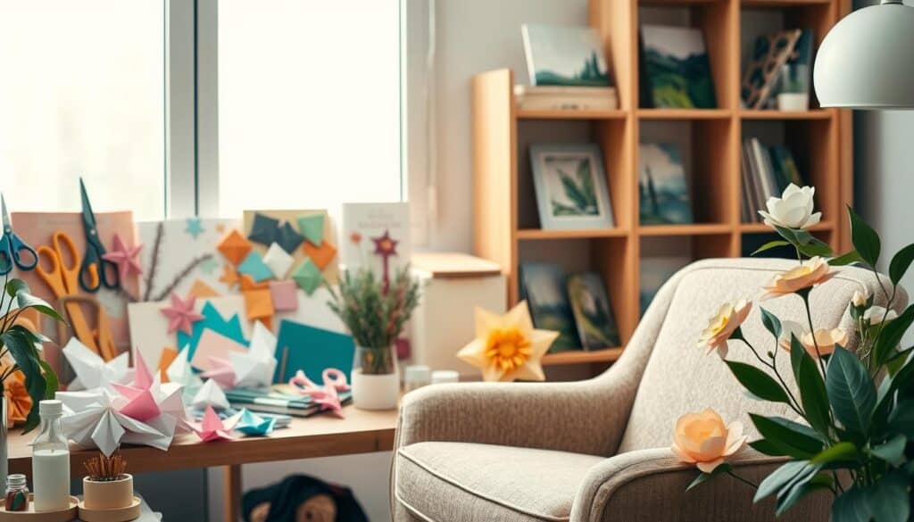 A serene workspace filled with an assortment of paper crafting materials, including colorful origami paper, decorative scissors, glue sticks, and delicate paper flowers. A cozy armchair is positioned in the foreground, inviting the viewer to sit and immerse themselves in the calming process of paper crafting. Soft, diffused lighting casts a warm glow over the scene, creating a sense of tranquility and mindfulness. In the background, a bookshelf with calming nature imagery provides a soothing backdrop, further enhancing the relaxing atmosphere. The composition emphasizes the meditative and stress-relieving qualities of paper-based crafts, encouraging the viewer to find solace and inner peace through this creative activity.