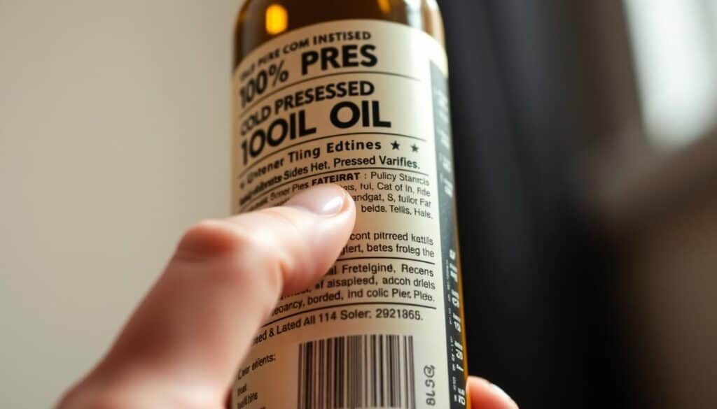 A well-lit close-up shot of a hand closely examining a bottle of pure, cold-pressed castor oil, inspecting the label and ingredients list. The foreground features the bottle's label in sharp focus, highlighting key terms like "100% pure", "cold-pressed", and "unrefined". The middle ground shows the person's fingers carefully tracing the text and graphics on the label. The background is softly blurred, creating a sense of focus and attention on the task at hand. The lighting is natural, slightly from above, casting a warm glow and subtle shadows that accentuate the texture of the label. The overall mood is one of careful scrutiny and discernment.