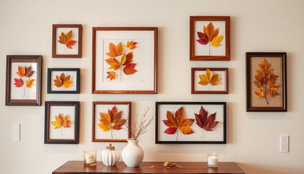 Final display of various framed autumn leaves creating a beautiful wall decoration