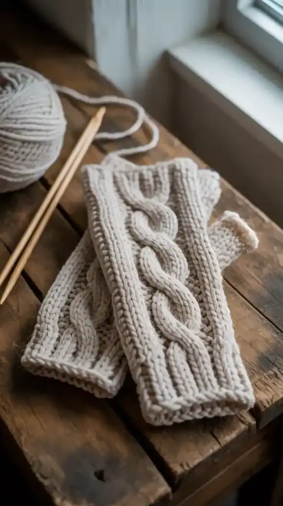 Fingerless mittens with cable pattern for fall knitting projects