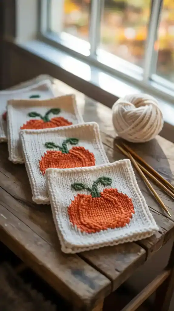 Knitted dishcloths with pumpkin design for fall knitting projects
