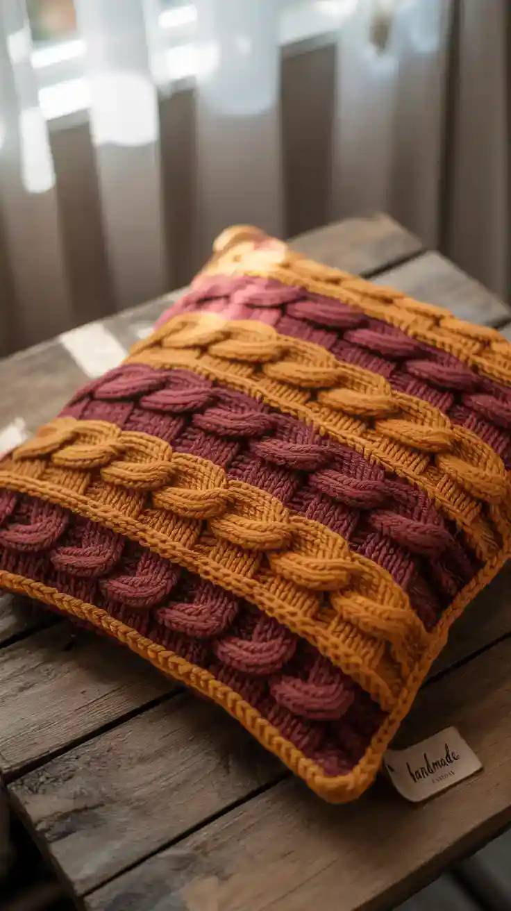 Cable knit pillow cover in autumn colors for fall knitting projects