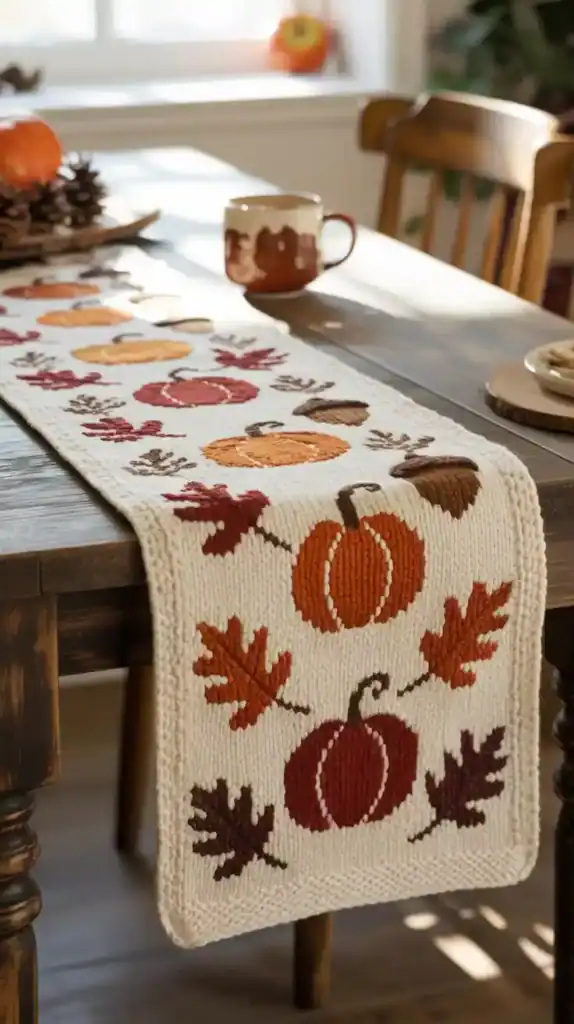 Knitted table runner with fall motifs for autumn knitting projects