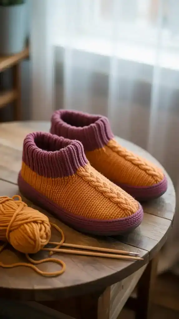 Knitted slippers in warm colors for fall knitting projects