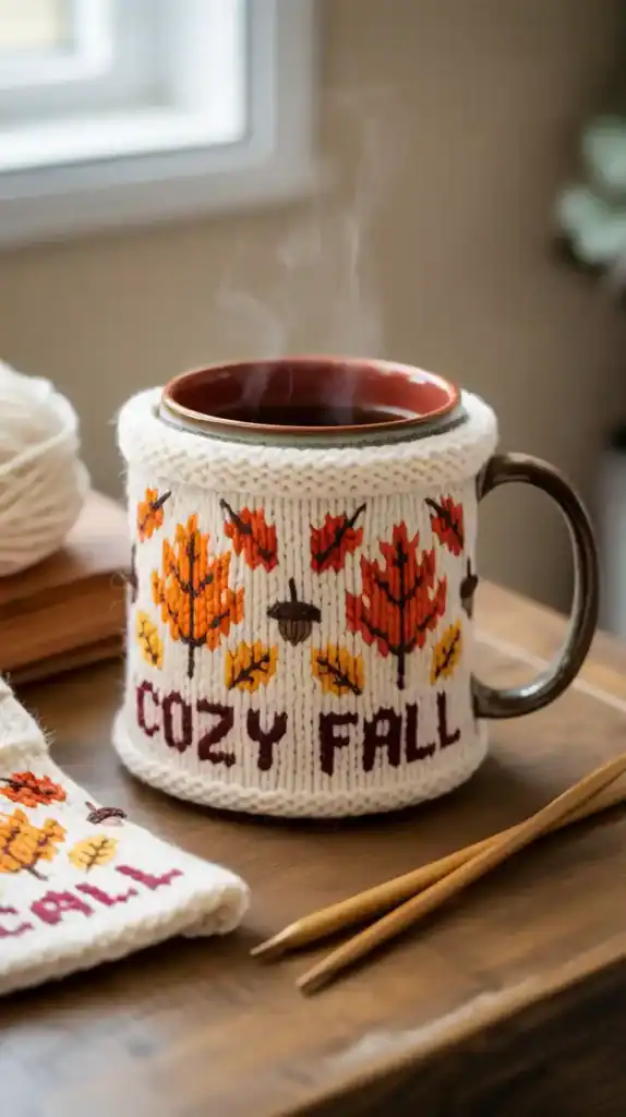 Knitted mug cozy with autumn design for fall knitting projects