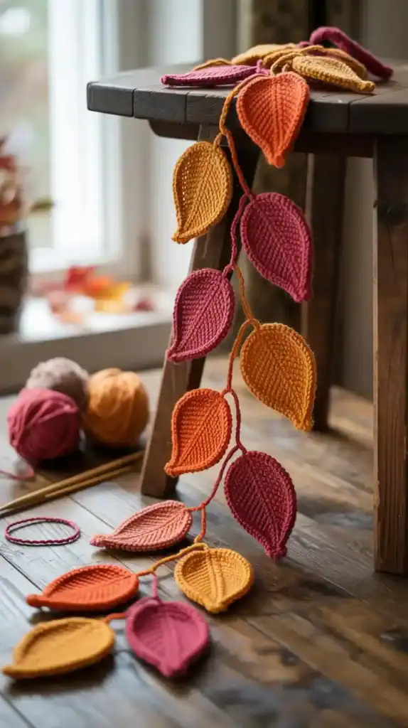 Knitted leaf garland in fall colors for autumn knitting projects